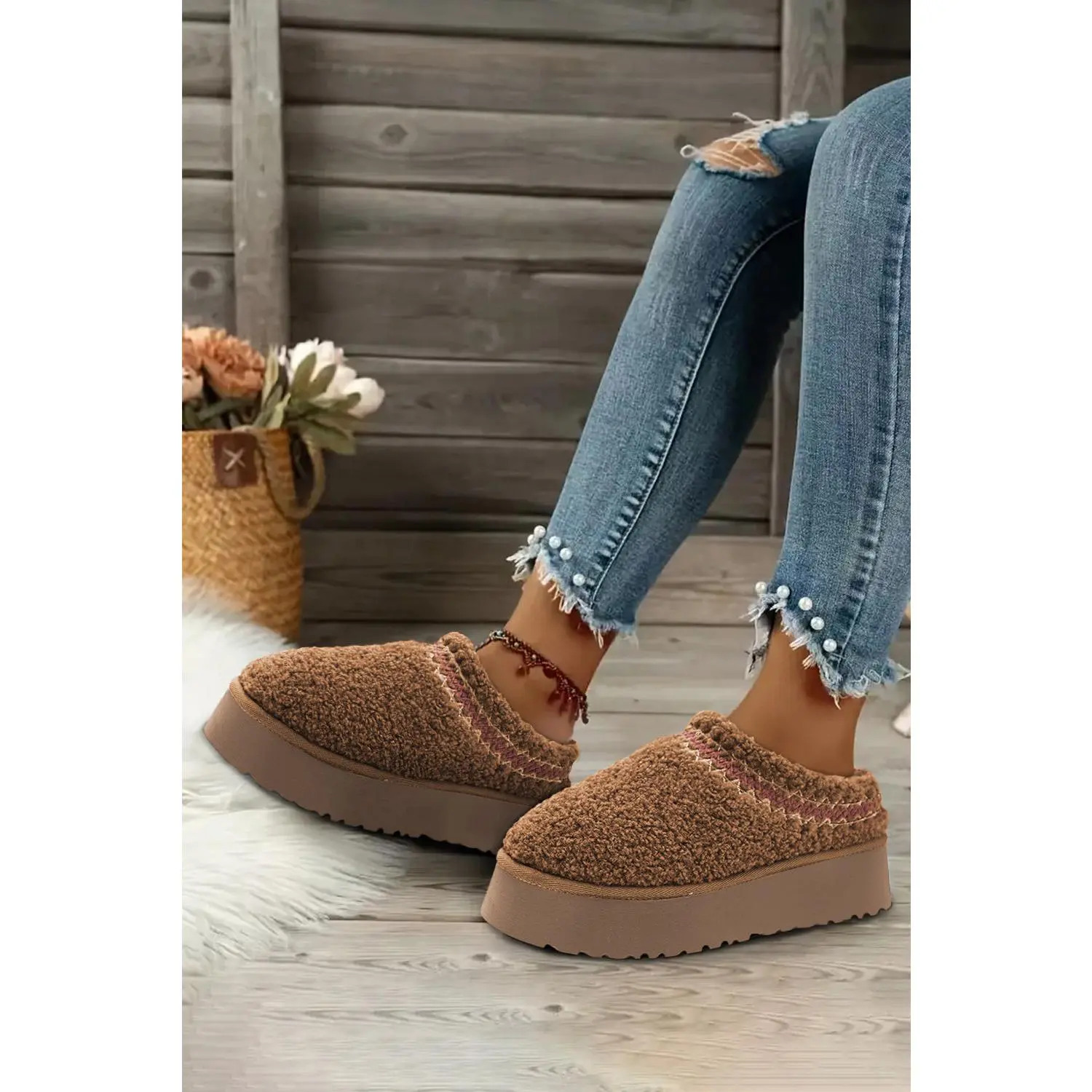 Chestnut Embroidered Sherpa Plush Thick Sole Snow Boots
