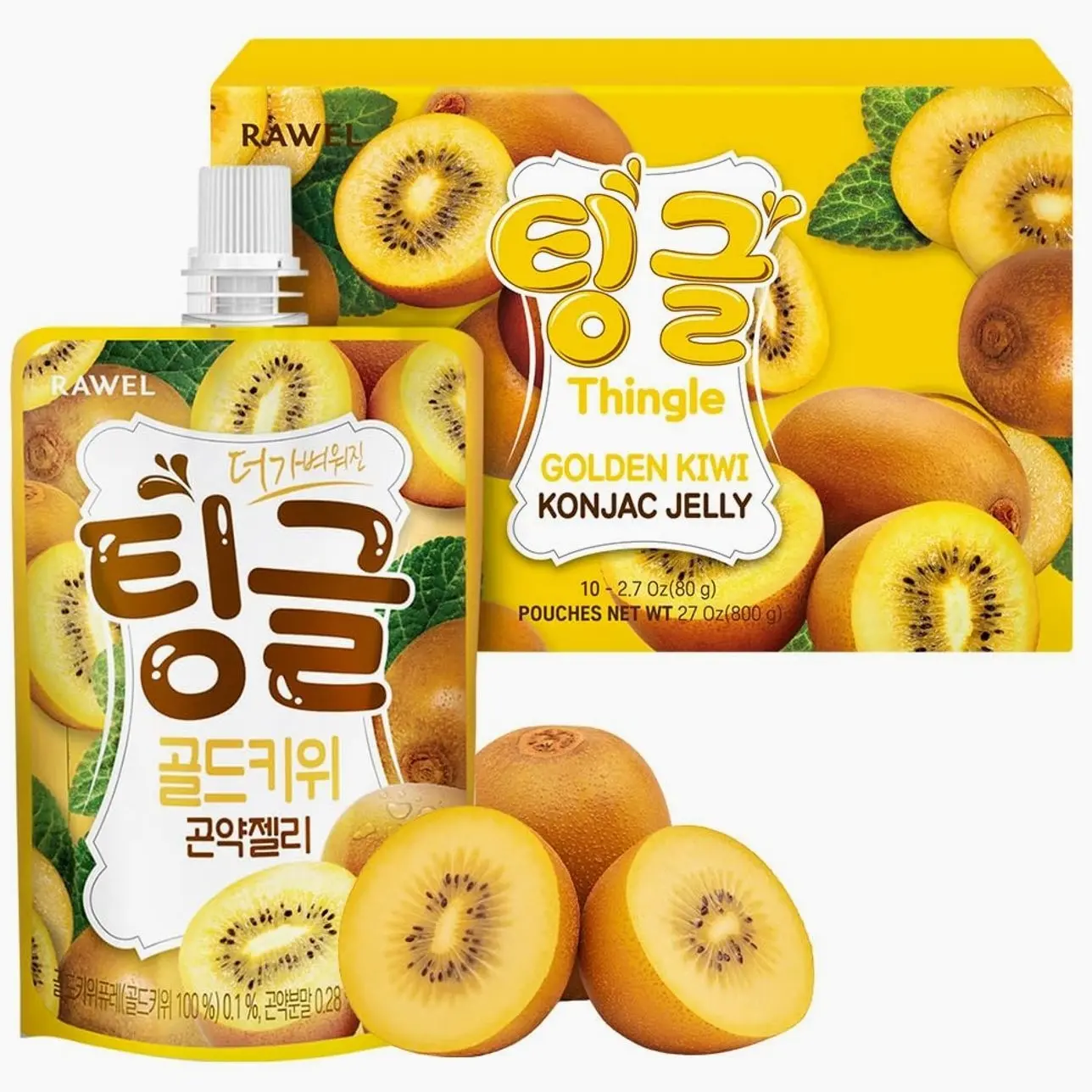 Rawel Thingle Delicious Konjac Jelly 1box (80g x 10packs) / 6 Calories per pouch/Sugar Free/Low Calories/Fruit Flavor Jelly with low carb/Drinkable Zero Sugar Jelly Dessert (Golden Kiwi)