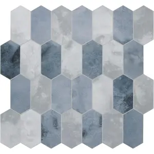 10-Sheet Peel and Stick Backsplash, 12" x 11.5" Blue Cement Long Hexagon Self-Adhesive Wall Tile, Stone Composite Stick  Decorative Mosaic Tile for Kitchen Bathroom Fireplace