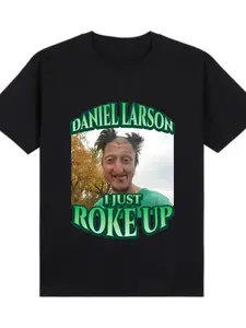 Oversized Black T-Shirt with Daniel Larson I Just Woke Up Print Perfect for Casual Wear Summer Personalized Short Sleeve Tee Unisex Breathable Fits All Styles Plus Size Made in USA Cotton Fabric Streetwear Crewneck