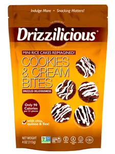 Drizzilicious Mini Rice Cakes Cookies & Cream - Rice Crisps, Healthy Snack for Adults and Kids, Flavored Rice Cakes, Vegan, Gluten Free, Only 90 Calories Per Serving - 4 oz