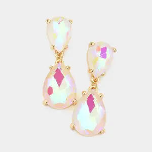 Small White AB Double Teardrop Dangle Pageant Earrings  | Interview Earrings | 569767