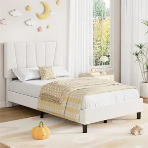 Garvee - Single Size Bed Frame with Adjustable Headboard, Linen Upholstered Bed Frame with Double Platform and Strong Wooden Slats, Mattress Base, No Box Spring Needed, Easy