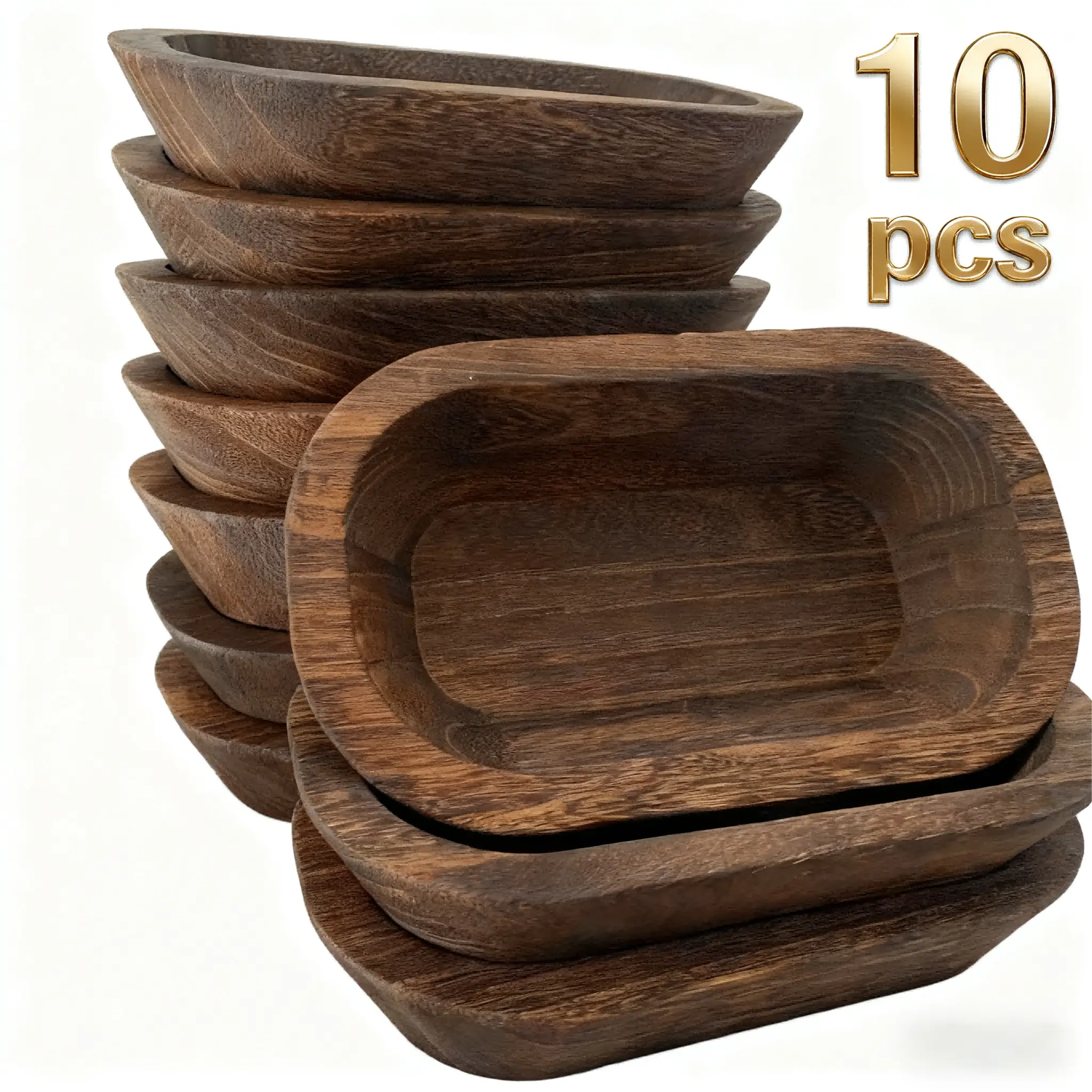 KEMORELA 10-Piece Rustic Vintage Hand-Carved Paulownia Wooden Dough Bowls - Farmhouse Tableware for Home Dining Gatherings, Serving, Indoor Furniture Accents