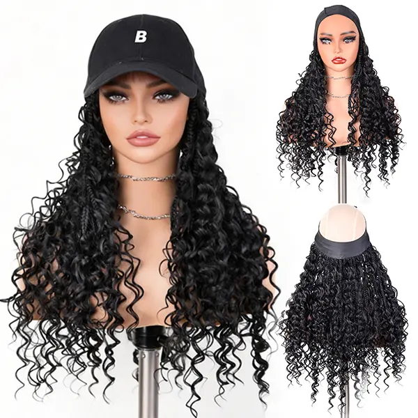 Female 16 inch Full Volume Curly Black Synthetic Passion Twist Goddess Braid Headband Wig - Knotless, Glueless, Velcro Secure Hold, Retro Deep Wave Extensions, Glueless Braiding, Ready to Go for Quick Style Changes & Versatile Occasions