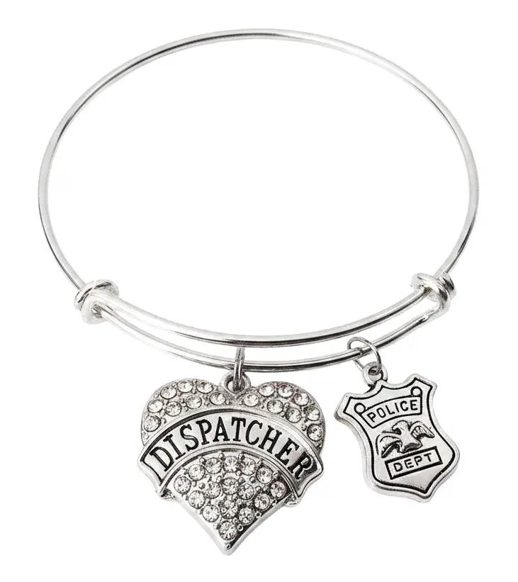 Dispatcher Bracelet – Crystal Heart & Police Badge Charm Bangle | 911 Dispatcher Gift