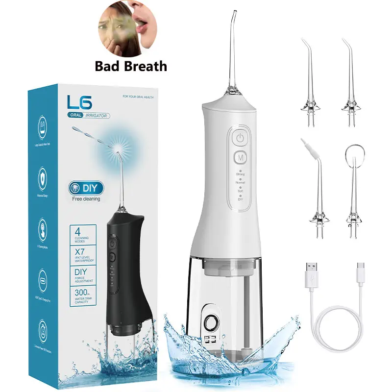 Summerwins Cordless USB-Rechargeable Oral Irrigator - Water Dental Flossers with 4 Customizable Modes, 4 Replacement Nozzles, IPX7 Rated Waterproof Design, Gum Protection for Braces Wearers, Home & Travel Use, 4 Modes