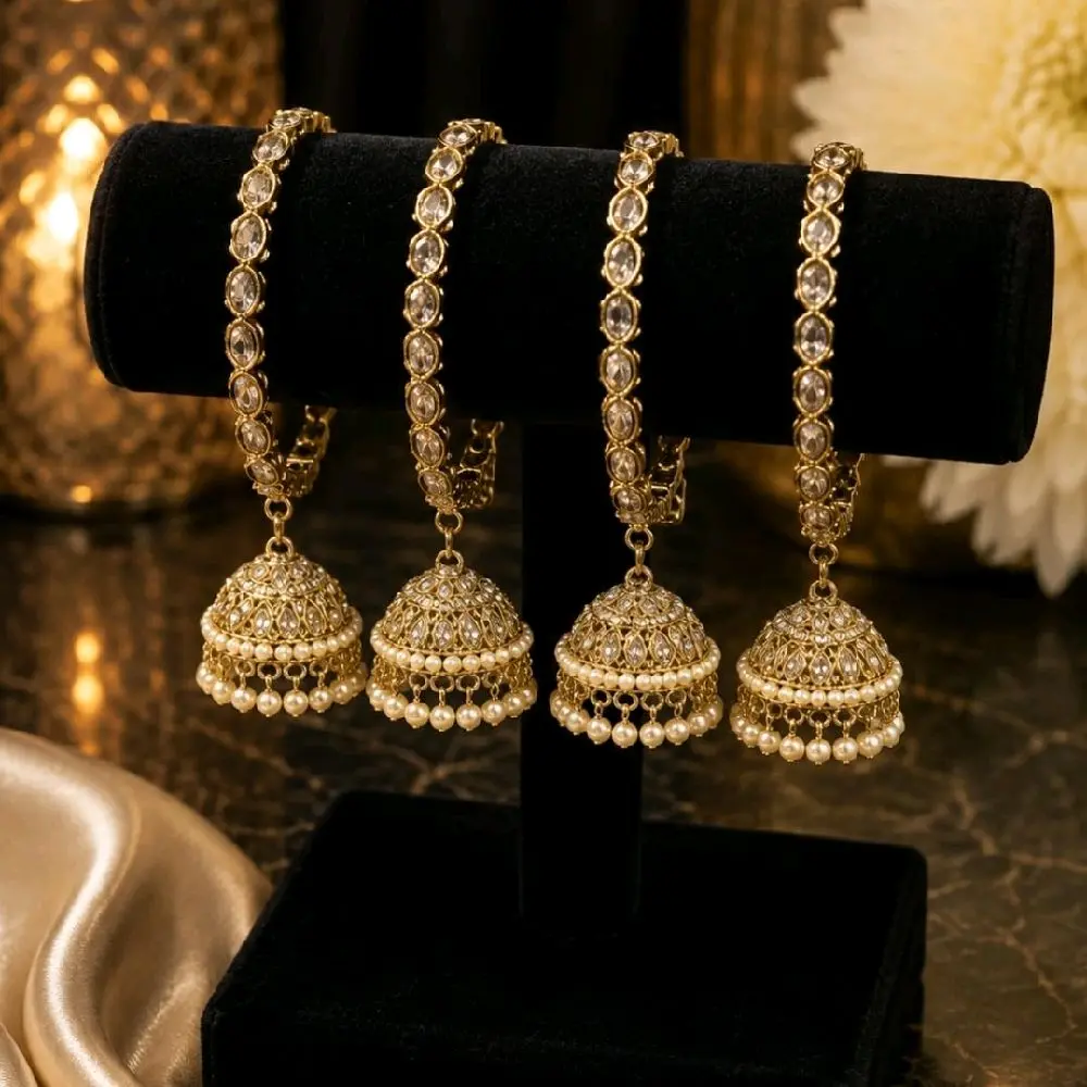 Antique Gold Polki Bangles with Jhumki for Women (Traditional Ethnic Jewelry for Weddings, Festivals)Set of 4