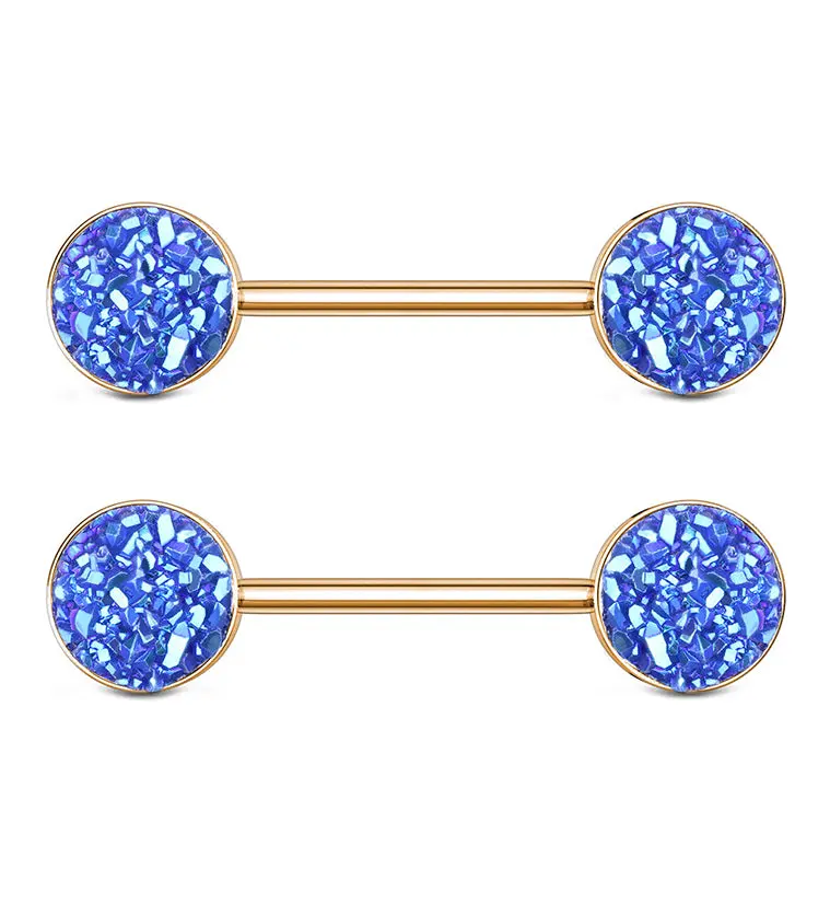 14G Rose Gold PVD Blue Druzy Nipple Ring Barbell