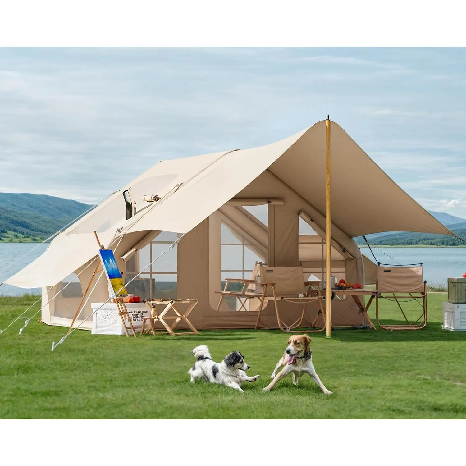 Inflatable Camping Tent with Pump & 1/2 Awnings, 8-14 Person Air Tents for Camping Adult, Large Waterproof Oxford Family Glamping Tent, Quick Setup Big Tent for Outdoor Camping