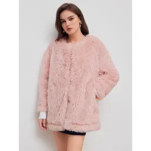 Cider [size 2-10] Faux Fur Round Neckline Solid Pocket Oversized Fleece Jacket
