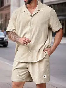 Men's Textured 2-Piece Loungewear Set - Short Sleeve Camp Collar Shirt & Matching Drawstring Shorts, Soft Breathable Fabric, Relaxed Fit for At-Home Lounging, Lazy Weekends & Casual Evenings