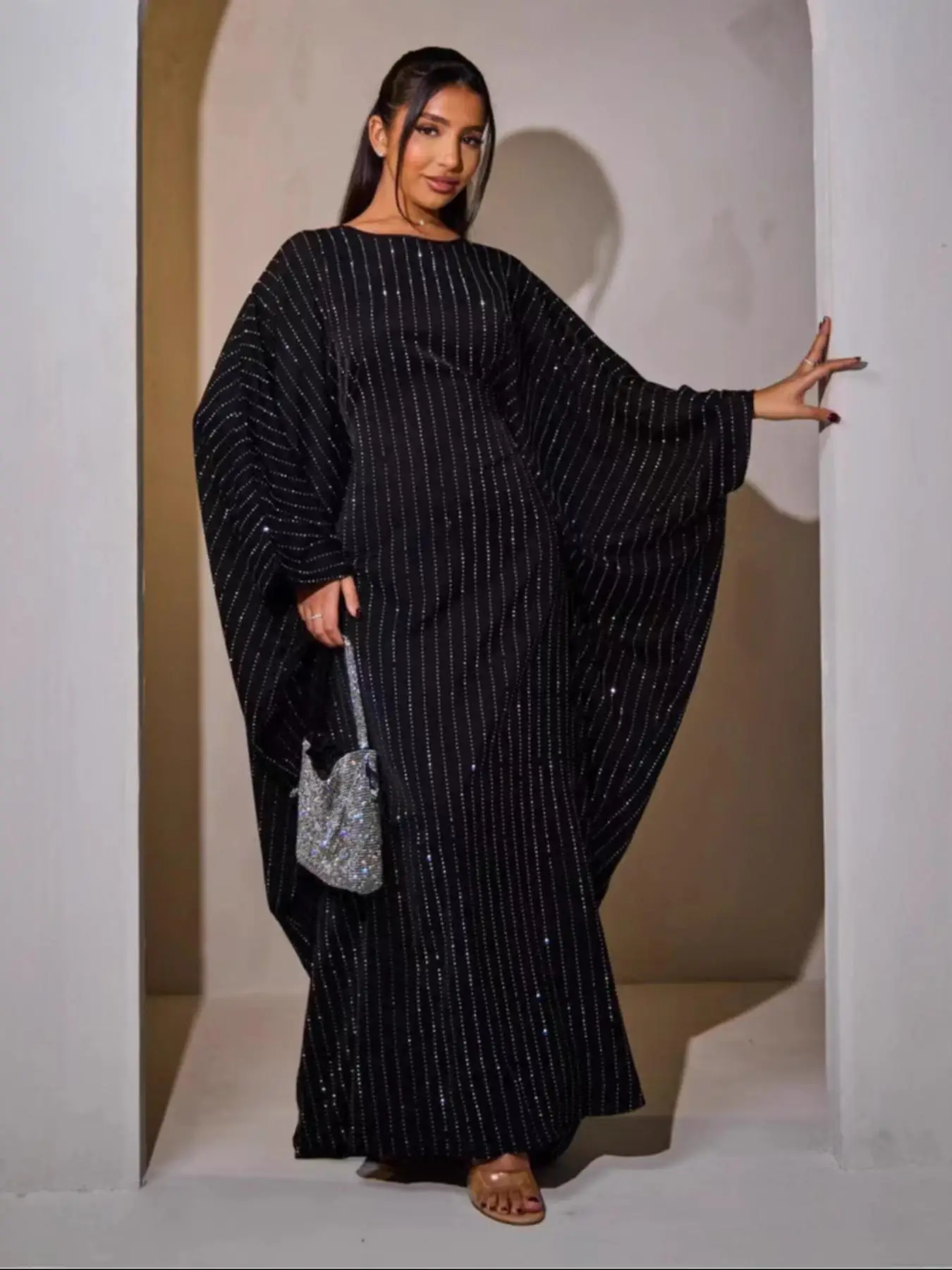 Women's Glitter Dress, Elegant Long Sleeve Maxi Arabic Clothing for Party Evening Formal Occasions, Ladies Clothes for All Seasons