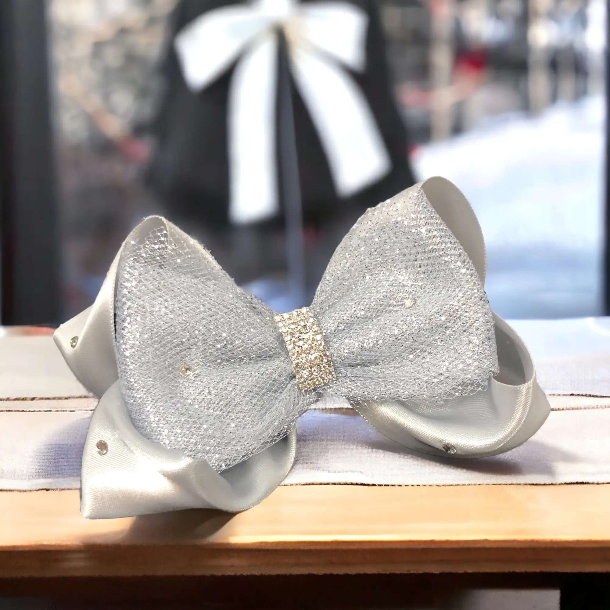 Silver Glitter Hair Bow with Rhinestone, Tulle & Satin and Crystals Accents, Flower Girl or Pageant Clip