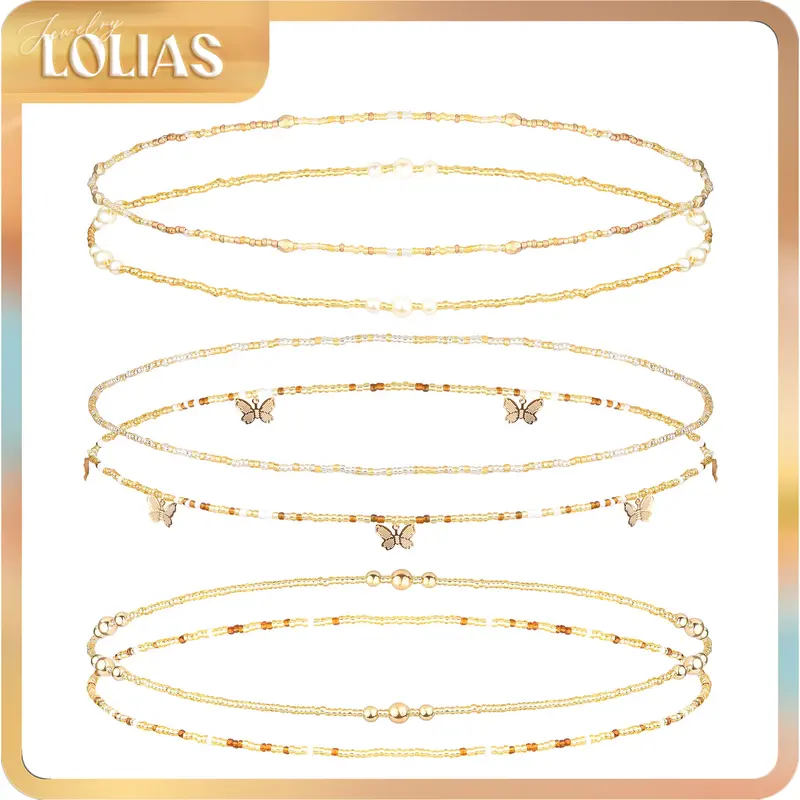 LOLIAS 6Pcs Female Elastic Waist Beads, Casual Daily African Belly Chain, Butterfly Body Chain for Bikini Fashion Costume Jewelry
