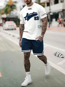 Plus Size Men's Fitted Letter Printed Knit T-Shirt and Shorts Set, Summer Casual Comfortable Short Sleeve Tee and Loungewear, Ideal Sleepwear Set