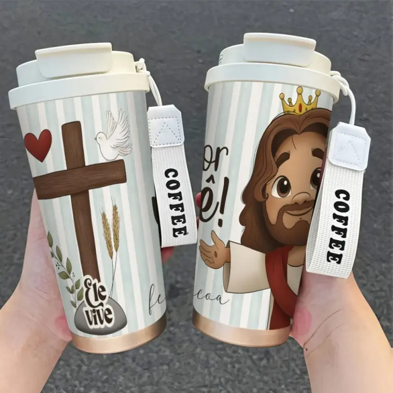 Stainless Steel Insulated Water Bottle, 18oz 1pc with Straw, Leak-Proof Lid and Wrist Strap, Jesus Christ Religious Design, Insulated Travel Coffee Mug, Christmas Easter Valentine's Day Gift, Spiritual Design Coffee Cup