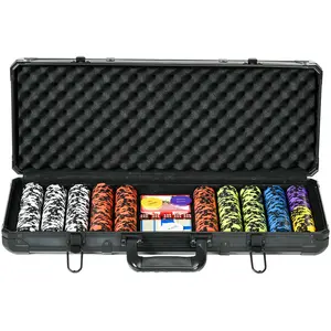 Soozier Poker Chip Set with 6 Denominations, 500 Chips, 14 Gram Clay, Casino Poker Chips with Aluminum Case, 2 Decks of Playing Cards, Dealer Button & 5 Dice for Texas Hold'em