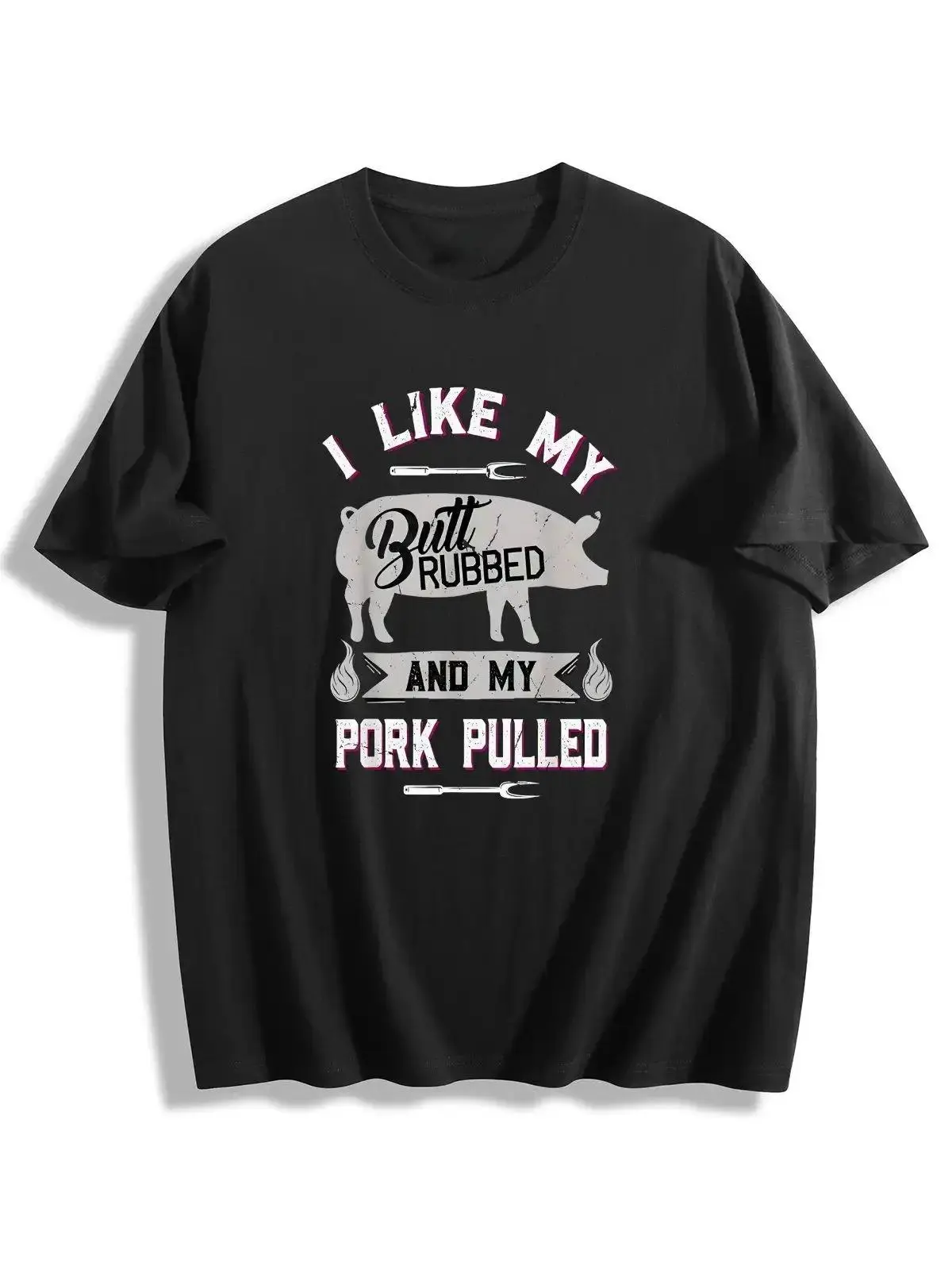 Funny BBQ Quote I Like My Butt Rubbed And My Pork Pulled Graphic T-Shirt, Vintage Pig Grill Flame Print Short Sleeve Casual Black Top For Barbecue Fans