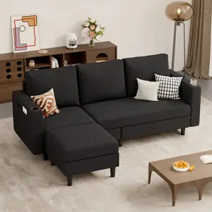 Upholstered Sectional Sofa Set - 78'' L-Shaped 3-Seat Asymmetrical Couch for Living Room, Apartment - Washable Linen Fabric, Beige, Pet-Friendly Convertible Furniture, Apartment Stuff