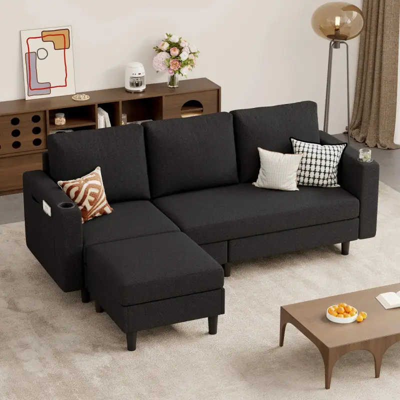 Upholstered Sectional Sofa Set - 78'' L-Shaped 3-Seat Asymmetrical Couch for Living Room, Apartment - Washable Linen Fabric, Beige, Pet-Friendly Convertible Furniture, Apartment Stuff