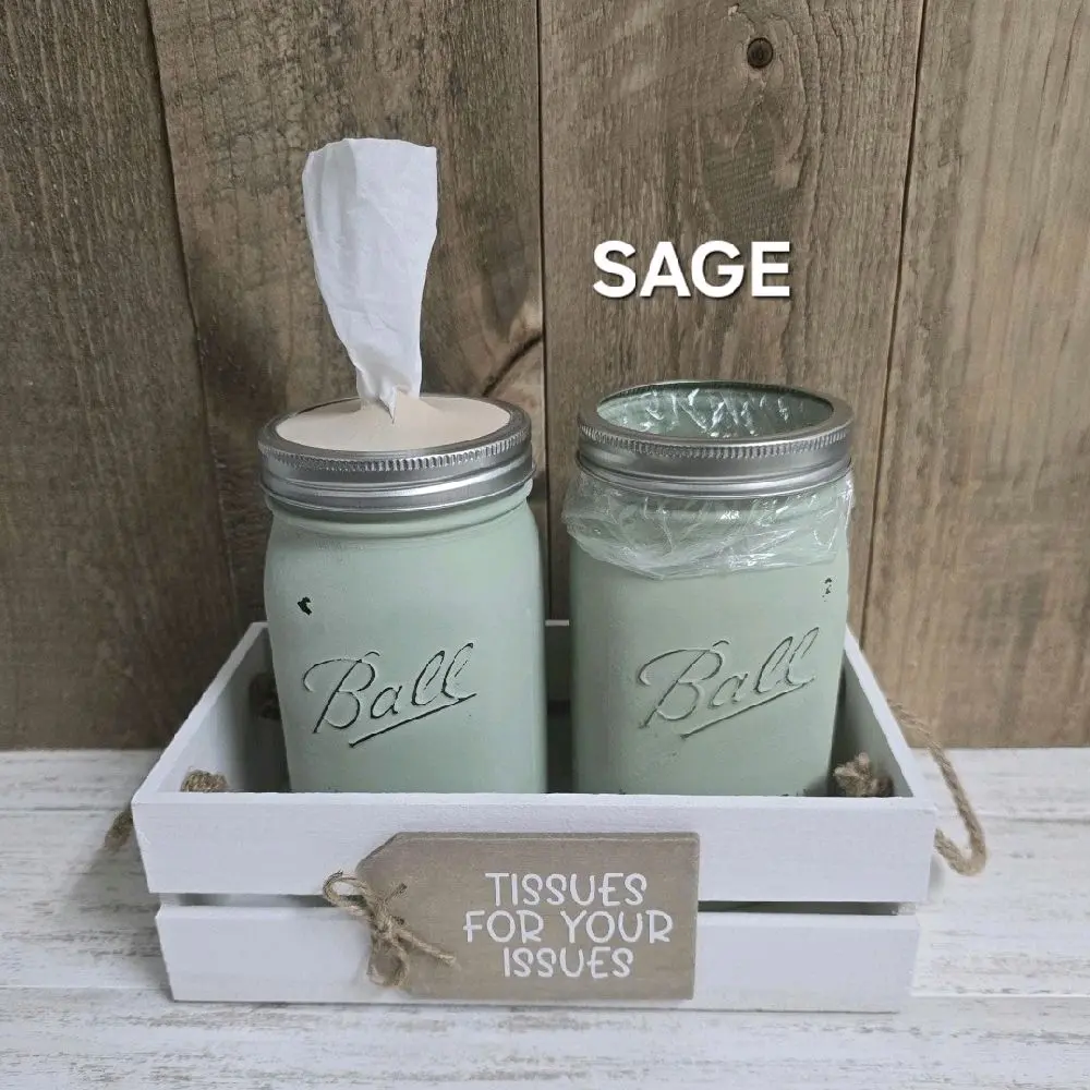 Glassy Gal Personalized Mason Jar Tissue Holder Set - Hand Painted Glass Jars with Rustic Wood Tray & Custom Tag - Farmhouse Inspired Design - Includes 50 Kleenex Tissues & Extra Waste Bags