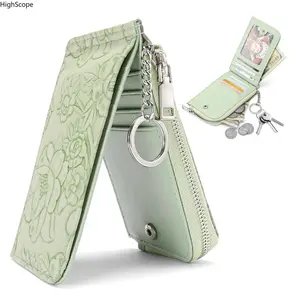 Minimalist Slim RFID Card Holder Wallet, Leather Wristlet with Keychain Zipper Pocket