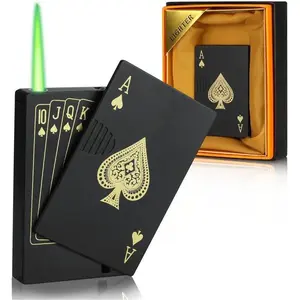 Jet Torch Lighter, Green Flame Ace Card Poker Design Lighter, Metal Windproof Refillable Butane Lighter, Cool Gadget for Indoor, Outdoor, Camping, BBQ & Candles, Novelty Gift for Men Women (Gas Not Included)