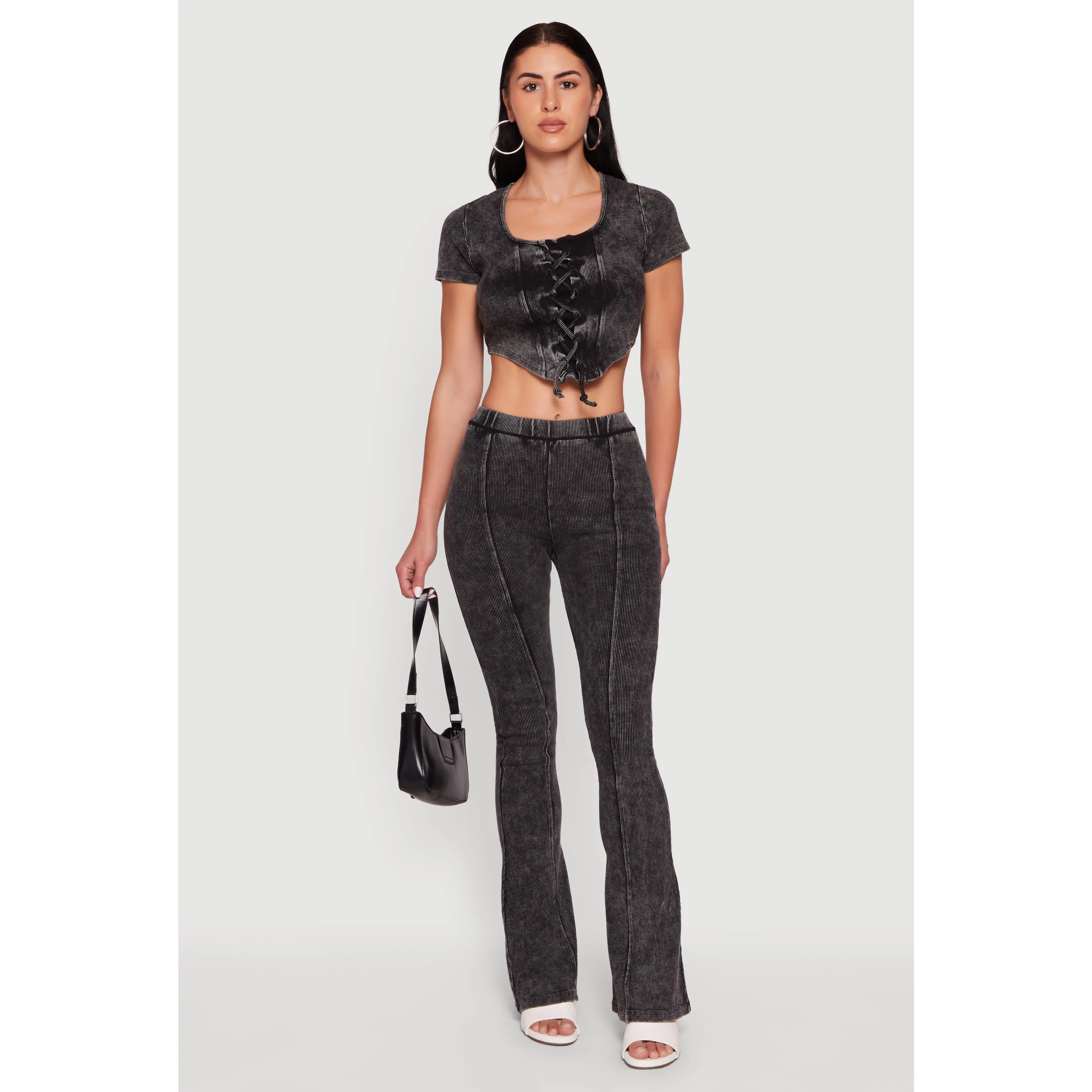 High Waisted Compression Rib Acid Wash Flare Pants