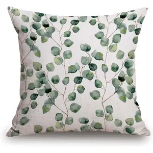 Watercolor Green Floral Leaf Eucalyptus Round Leaves Succulent Pattern Branches Pillows Soft Decorative Square Couch Pillow Covers Home Decor for Sofa Bedroom Car Couch
