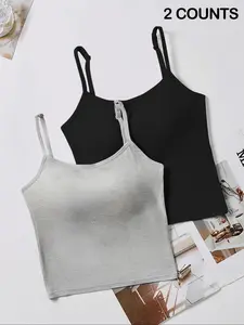 Women's Solid Ribbed Crop Cami Top With Padding, Basic Casual Sleeveless Cropped Top for Daily Wear, Ladies Underwear Clothes for All Seasons, Underwear for Women, Summer Tops，Runs Small, Asian Women's Size