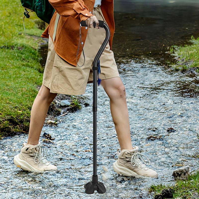 Walking Cane for Men and Women - Stand Alone Folding Cane with Wrist Strap, EVA Foam Handle and Wide Quad Base for Stability, Lightweight Support for Seniors & Elderly