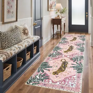 Fashion Retro Tiger Print Rug, Boho Style Foldable Non-Slip Plush Carpet, Large Area Easy Care Mat for Living Room Bedroom Kitchen