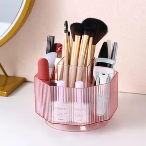 360?Rotating Makeup Brush Holder  Display Case Clear Makeup Lip Gloss Organizer Case with 5 Slots Round Turntable Storage Tray for Vanity, Bathroom, Counter Organizer Clear