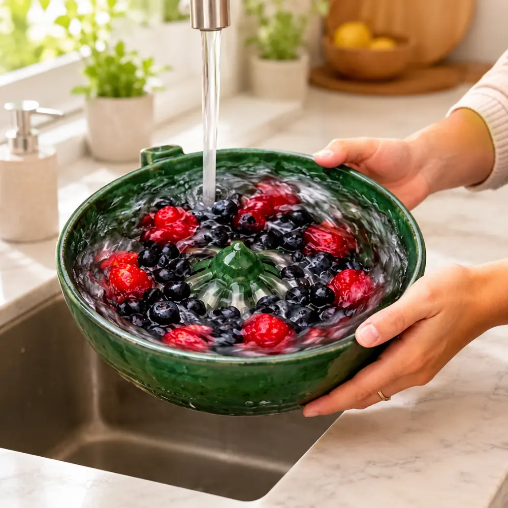Berry Washing Bowl with Built-In Strainer, Ceramic Fruit Rinsing Bowl for Strawberries, Blueberries, Grapes and Vegetables, Kitchen Colander Bowl
