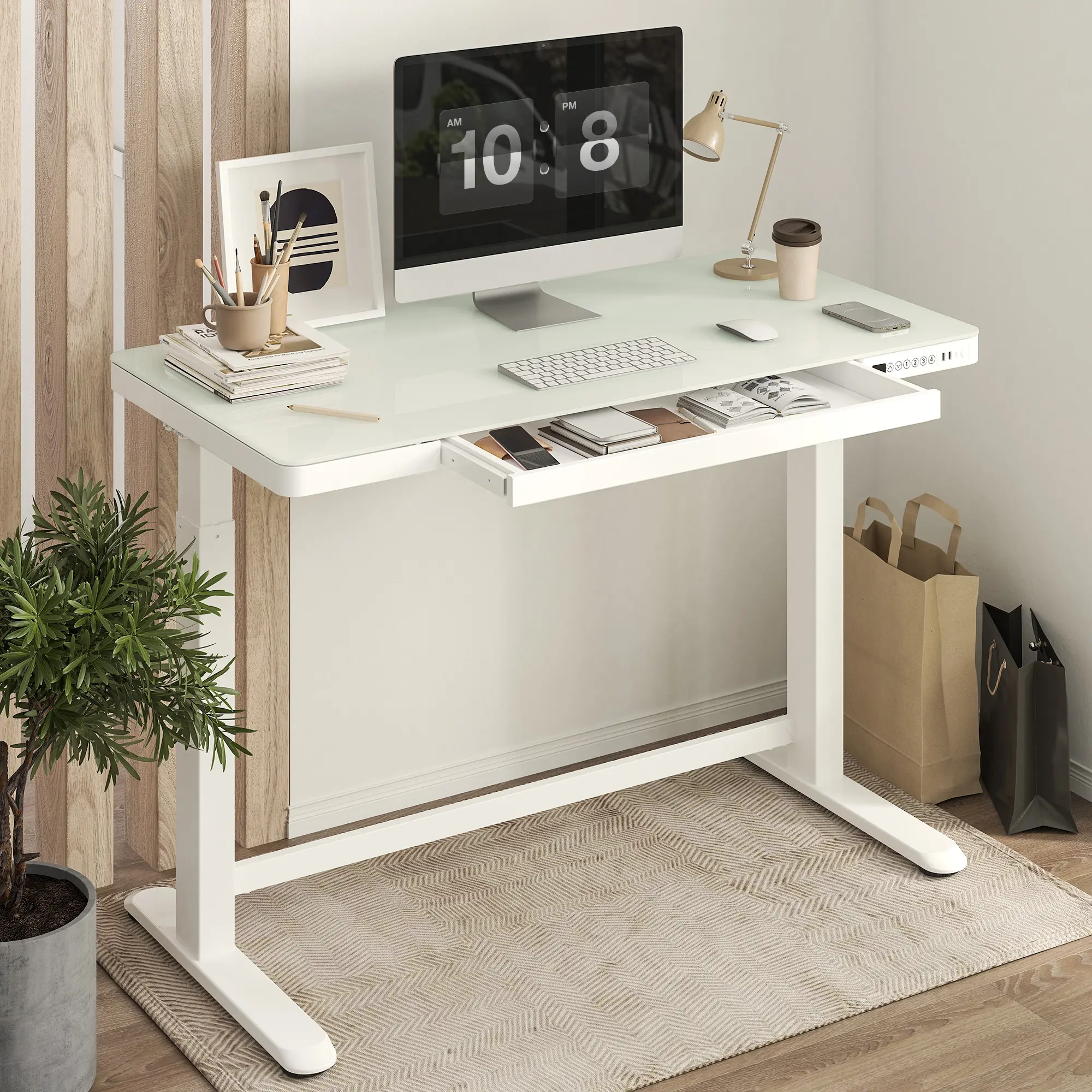 FLEXISPOT EG8 Ergonomic Electric Standing Desk - 120×60 cm White Glass Top, Storage Drawer, USB Ports, Adjustable Height for Home Office [TikTokShop Black Friday] | Modern Style, Drawers, Height Adjustable, Ergonomic Desks, Adjustable Desks