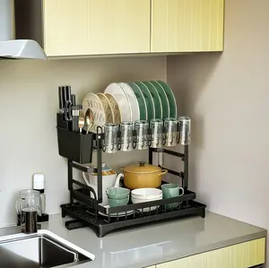 Double Layer Kitchen Dish Drying Rack | Countertop Tableware Storage Rack with Utensil Holder & Cup Holder, Removable and Space-Saving