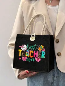 1pc Letter And Flower Print Linen Tote Bag, Casual Tote Bag, Casual Lightweight Bag, Reusable Women'S Tote Bag, Double Handle Shopping School Bag, Large Capacity Shoulder Bag, Commuter Bag, Suitable For Commuting, School And Shopping