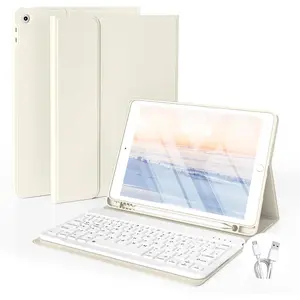 Case with Keyboard for iPad 10.2 inch 2021/2020/2019, iPad 9th/8th/7th Generation Detachable  Keyboard Cover with Pencil Holder, Multi-Angle Stand for Study/Office/Travel (White Creme)