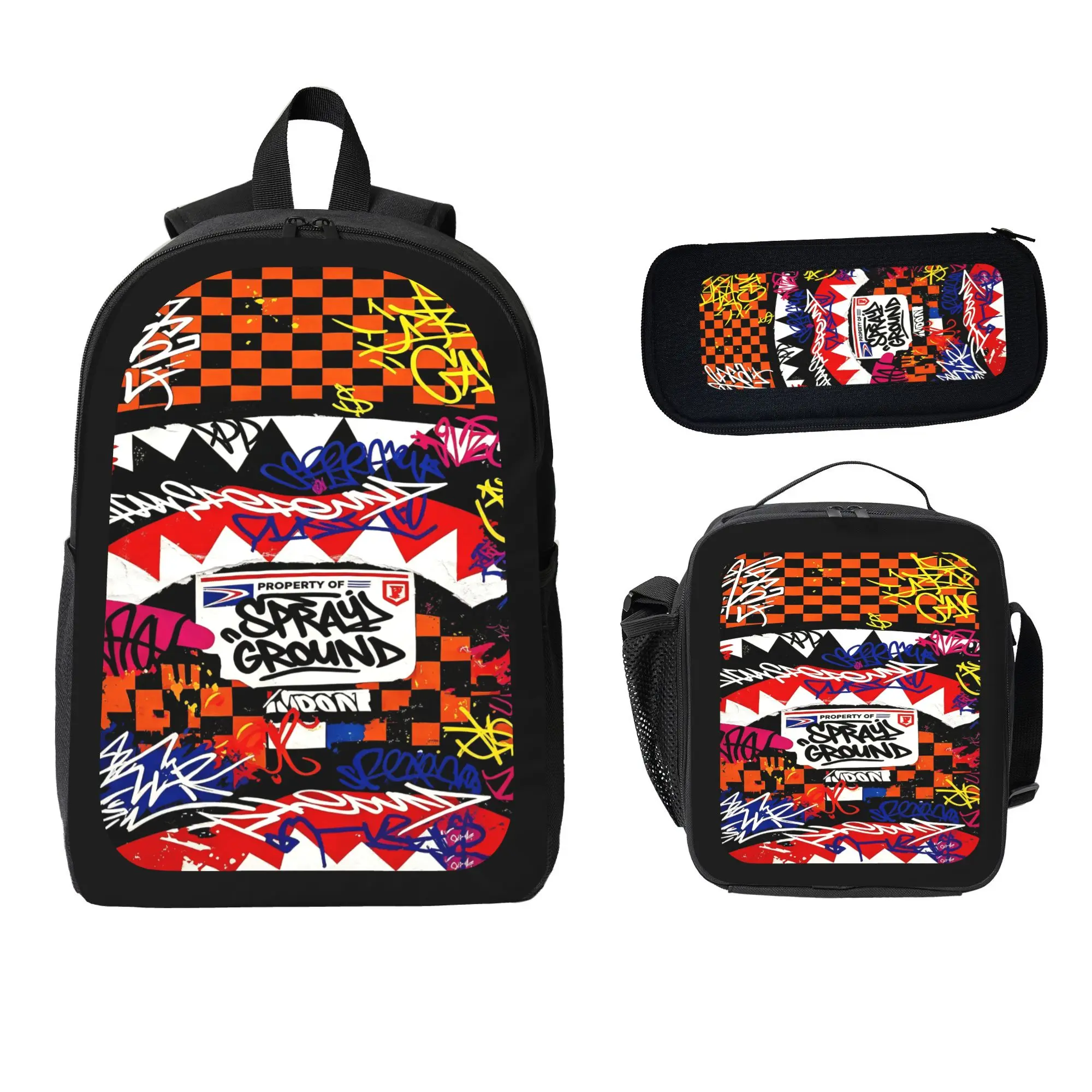 Sprayground Graffiti Shark Mouth 3Pcs Backpack Set With Lunchbox And Pen Pouch, 17 Inch Large Capacity Travel Rucksack Daypack, Street Style Checkered Backpack Lunchbag For Teens Students