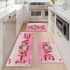 1/2/3PCS Pink Kitchen Rug,HOME Wreath Pattern Home Decor,Pineapple Texture Design Washable Non-Slip Floor Mat,Foldable Durable Kitchen Runner Rugs 16"x24"+20"×32"+20"×47"