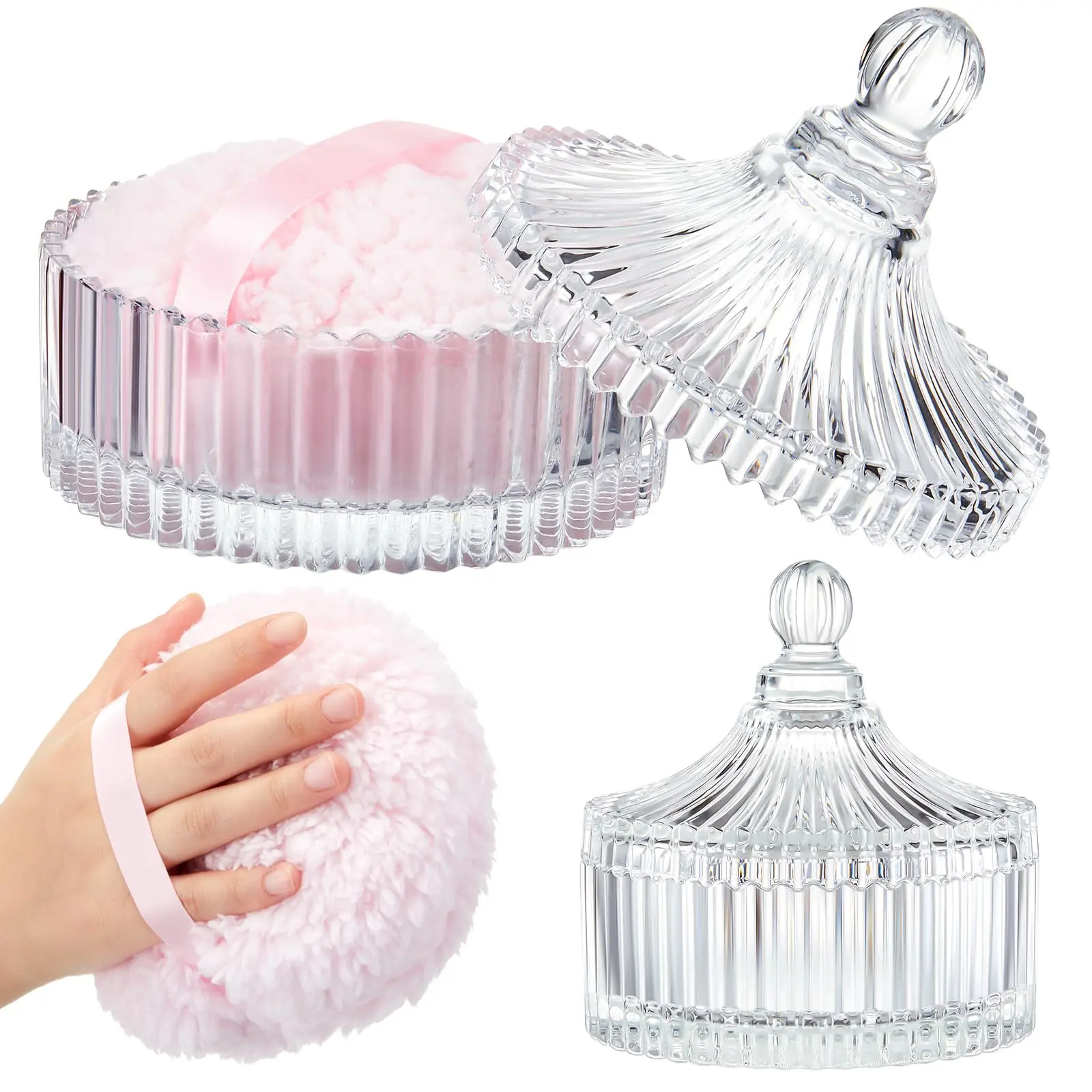 Women's 6 Inch Powder Puff and Container Set - 6'' Classic Glass Crystal Container, 5.91'' Body Soft Washable Reusable Velour Face Puff (Beauty & Personal Care Makeup Blender Accessory)