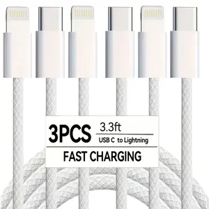 Mfi Certified 3pcs Braided Cables, Type-C to Lightning Data Cable for iPhone 14 13 12 11 Pro Max, Anti-Tangle, Copper Alloy Core
