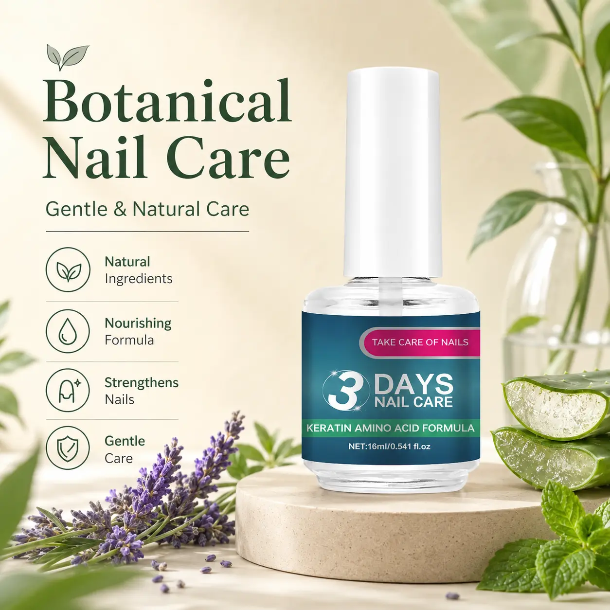 LEKAI 3 Days Nail Care Formula with Keratin Amino Acid & Aloe for Superior Nail Nourishment 16ml Bottle for Healthy Nails Manicure