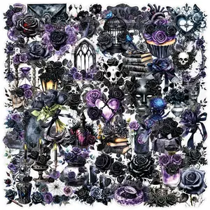 Gothic Rose Series Sticker, 50pcs/set Romantic Rose Pattern Decorative Sticker, Sticker Paper, DIY Decals for Scrapbooking, Journaling, Gift Wrapping, Diary Sticker, Halloween, Sticker Packs