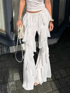 Seaside Resort Style Sexy Elegant Ruffle Trim Crafted Casual Womenswear Pants. Niche Lightweight Sheer Mesh Fabric Low Waist Pants. Hot Girl Elegant Versatile Relaxed Layerable Micro Flare Pants. Casual Fit Trousers