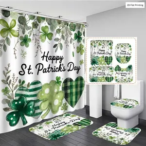 1/3/4PCS St Patrick's Day Watercolor with Clovers and Hearts Shower Curtain Set with Rugs, Non Slip Bath Mat, U-Shape Carpet, Toilet Lid Cover, Bathtub Curtain Accessories, 12 Hooks, Home Bathroom Festival Dec