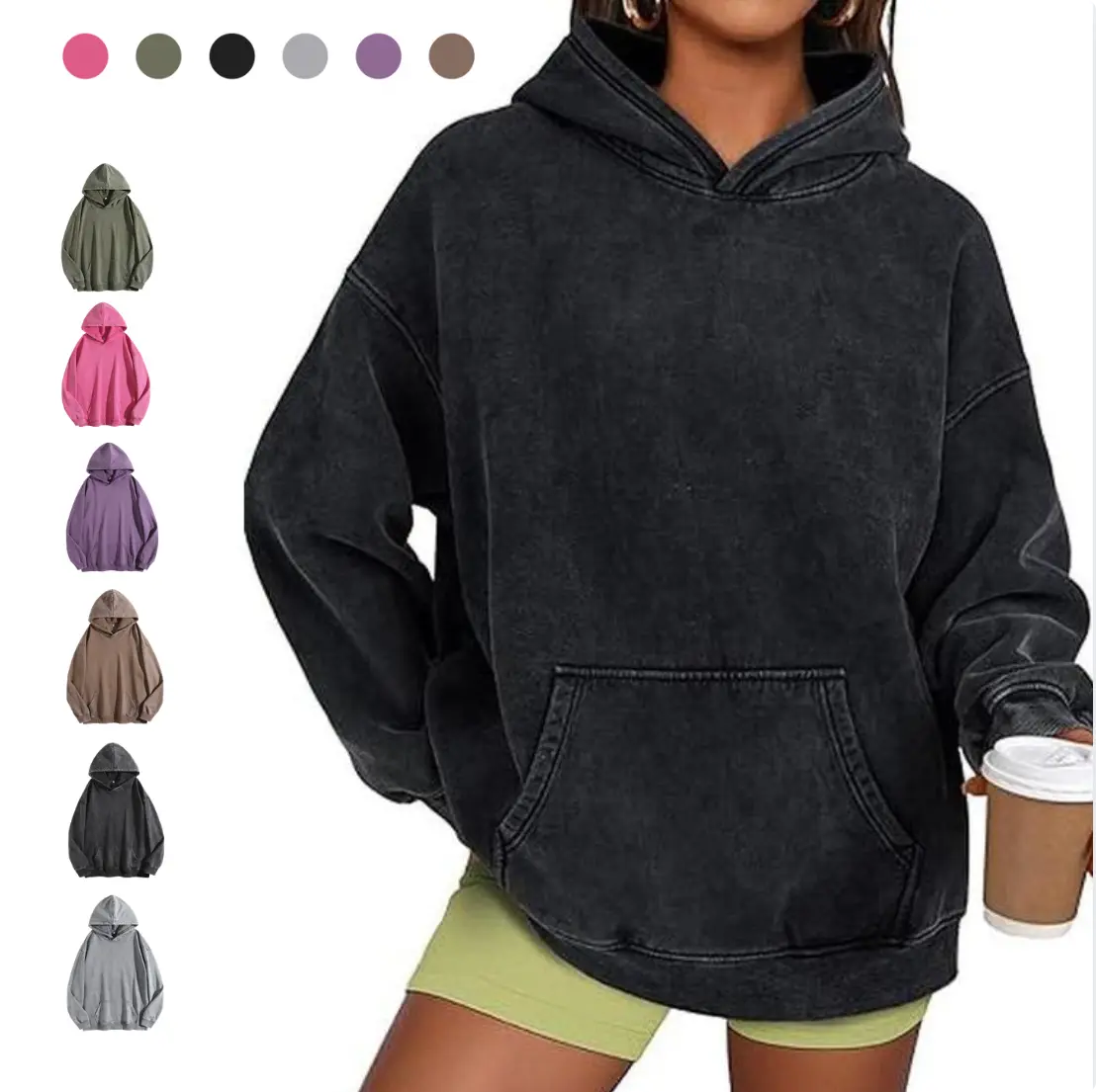 Women's 400G Heavyweight Fleece Hoodie - Unisex Oversized, Acid Wash, Vintage Cotton Blend, Polyester, Minimalist Classic, Loose Fit, Casual Loose Sleeve, Fitted Streetwear Sweatshirt for Fashion Layering, Outdoors, Basics, Drop Shoulders