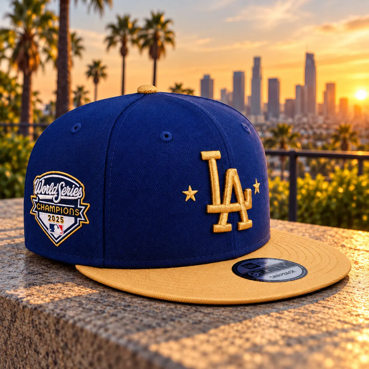 Los Angeles Dodgers Blue & Gold 9FIFTY Snapback Hat – 2025 World Series Champions Side Patch, Embroidered LA Flat Brim Baseball Cap