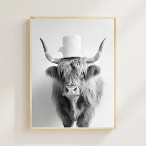Highland Cow with a Toilet Paper Roll on the Head, Funny Bathroom Wall Art, Vintage Animal Photo, Unframed 5 size, 8x12 to 27x40 inch